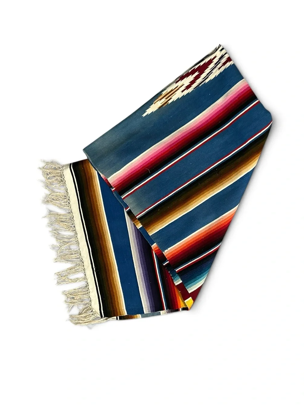 MCM Vintage Handwoven Blue Striped Mexican Serape Wool Blanket - Multi-Color